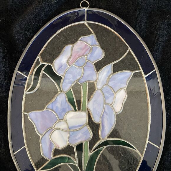 Vintage Handcrafted Large Stained Glass Suncatcher With Iris Flowers. No Cracks! - Picture 8 of 8